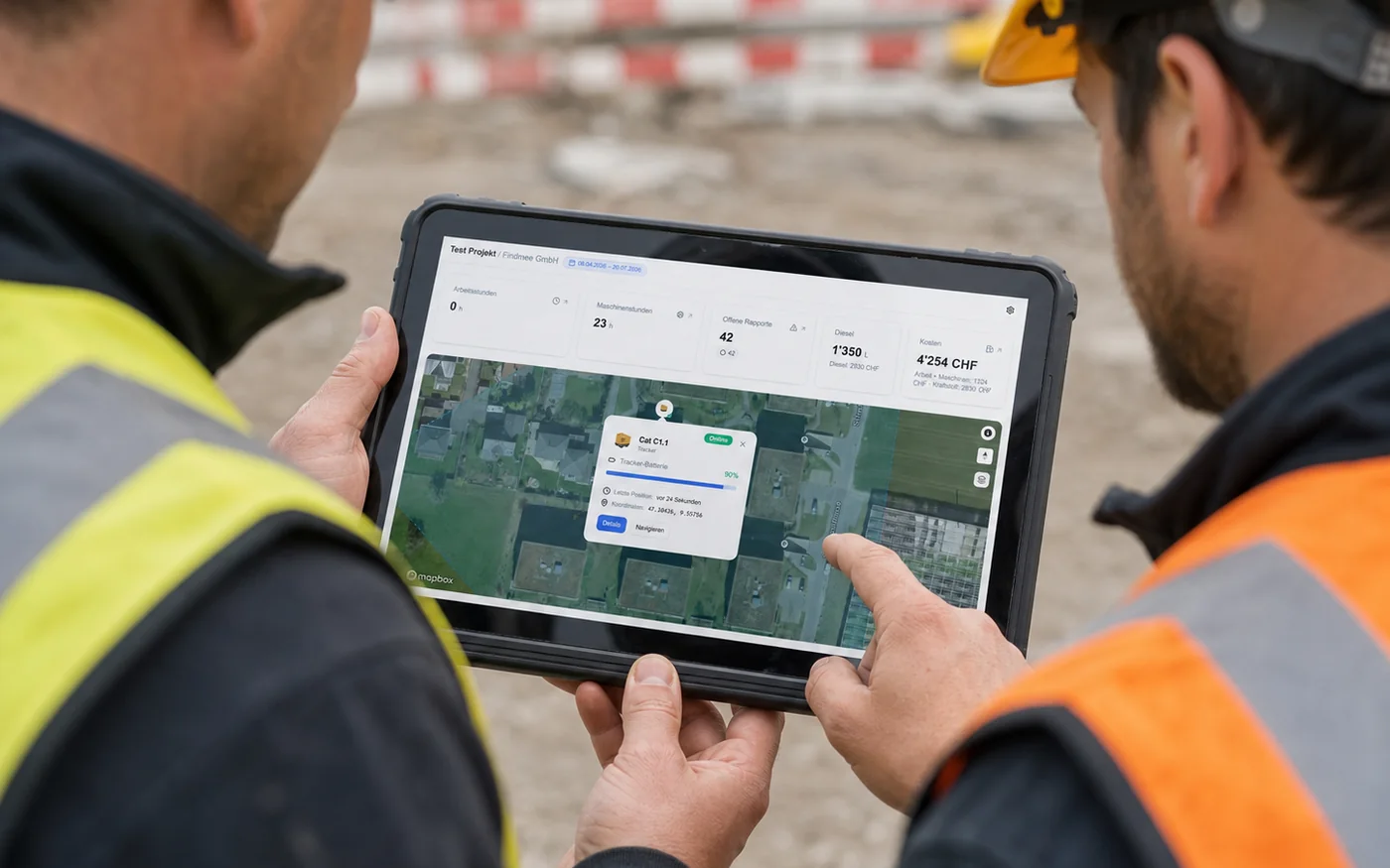 Zwei ARGE-Partner prüfen Findmee-Projekt- und Kostendaten auf einem Tablet