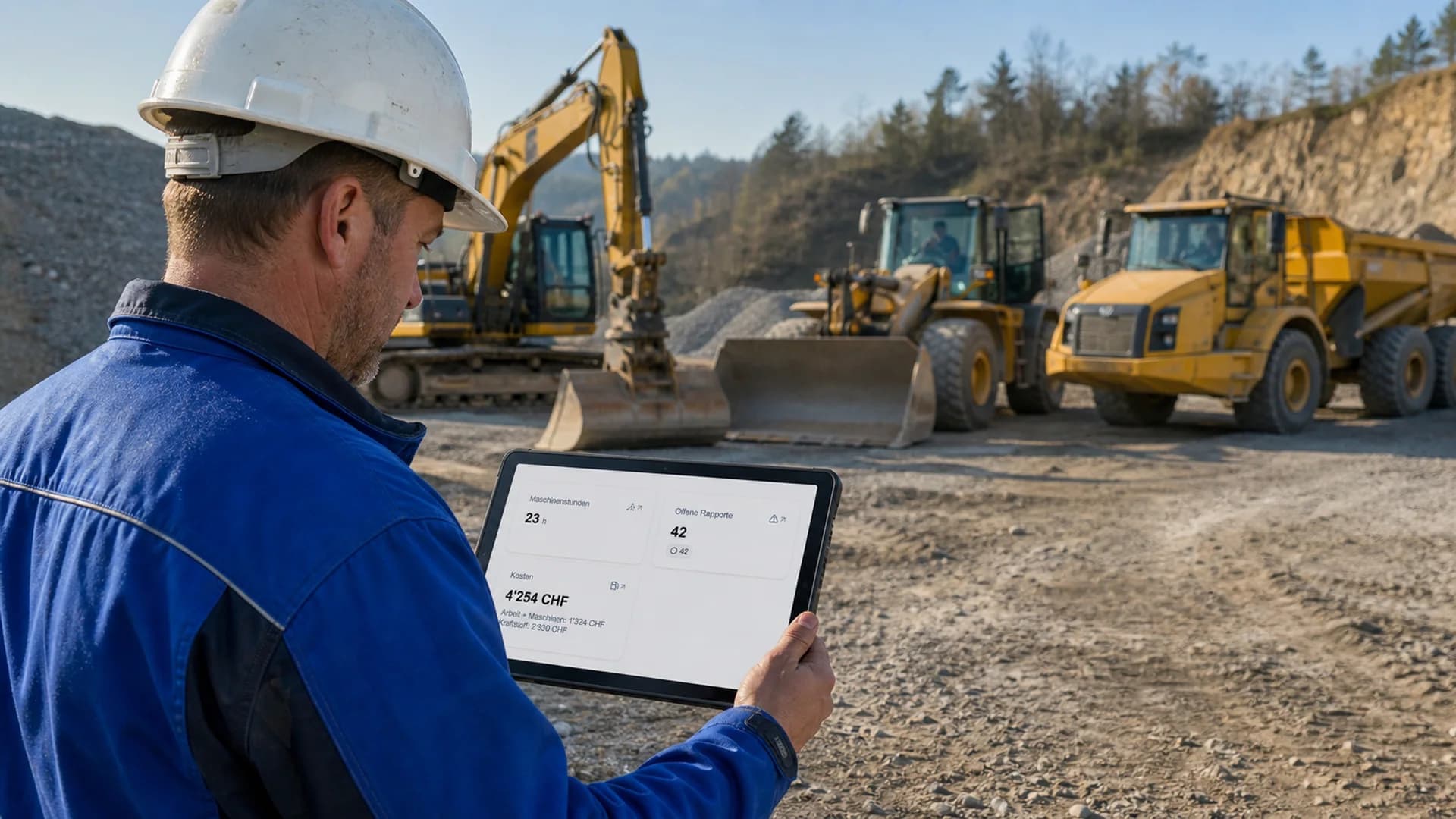 Bauführer analysiert die Auslastung einer gemischten Baumaschinenflotte