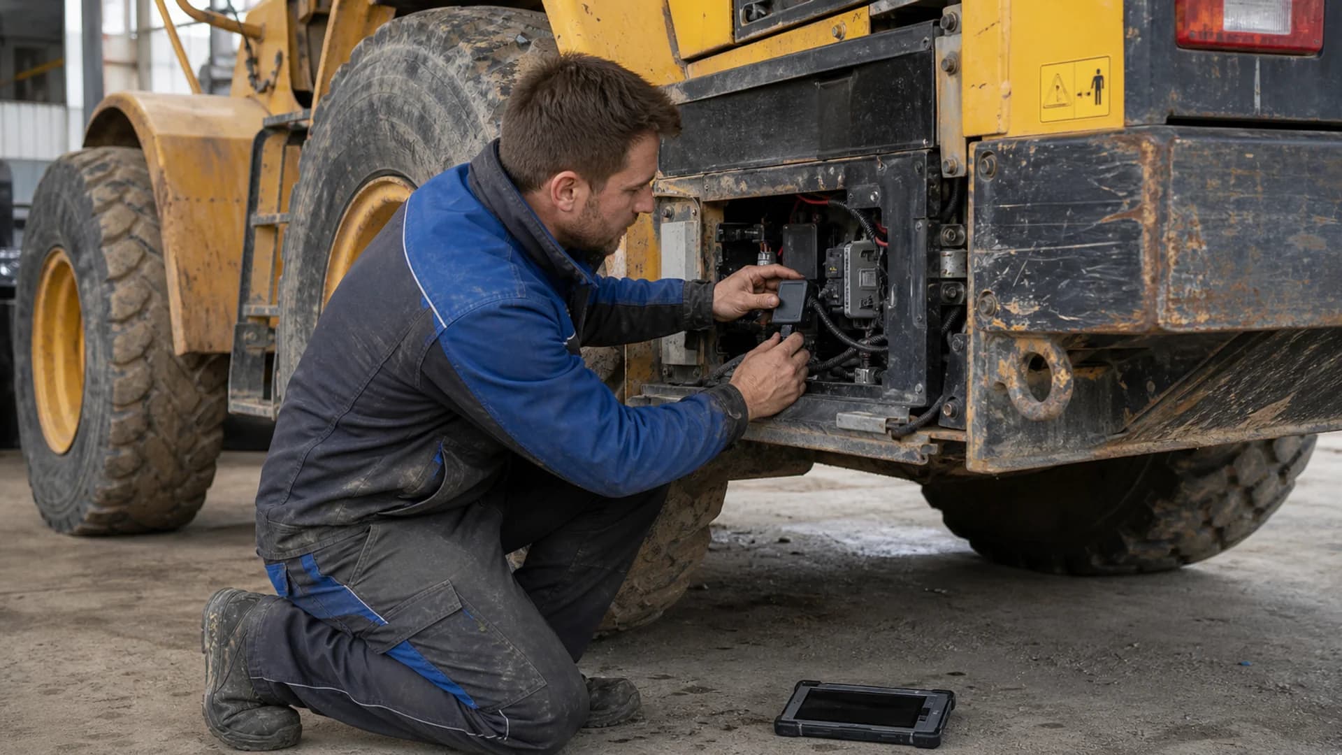Techniker rüstet eine ältere Baumaschine mit Telematik nach