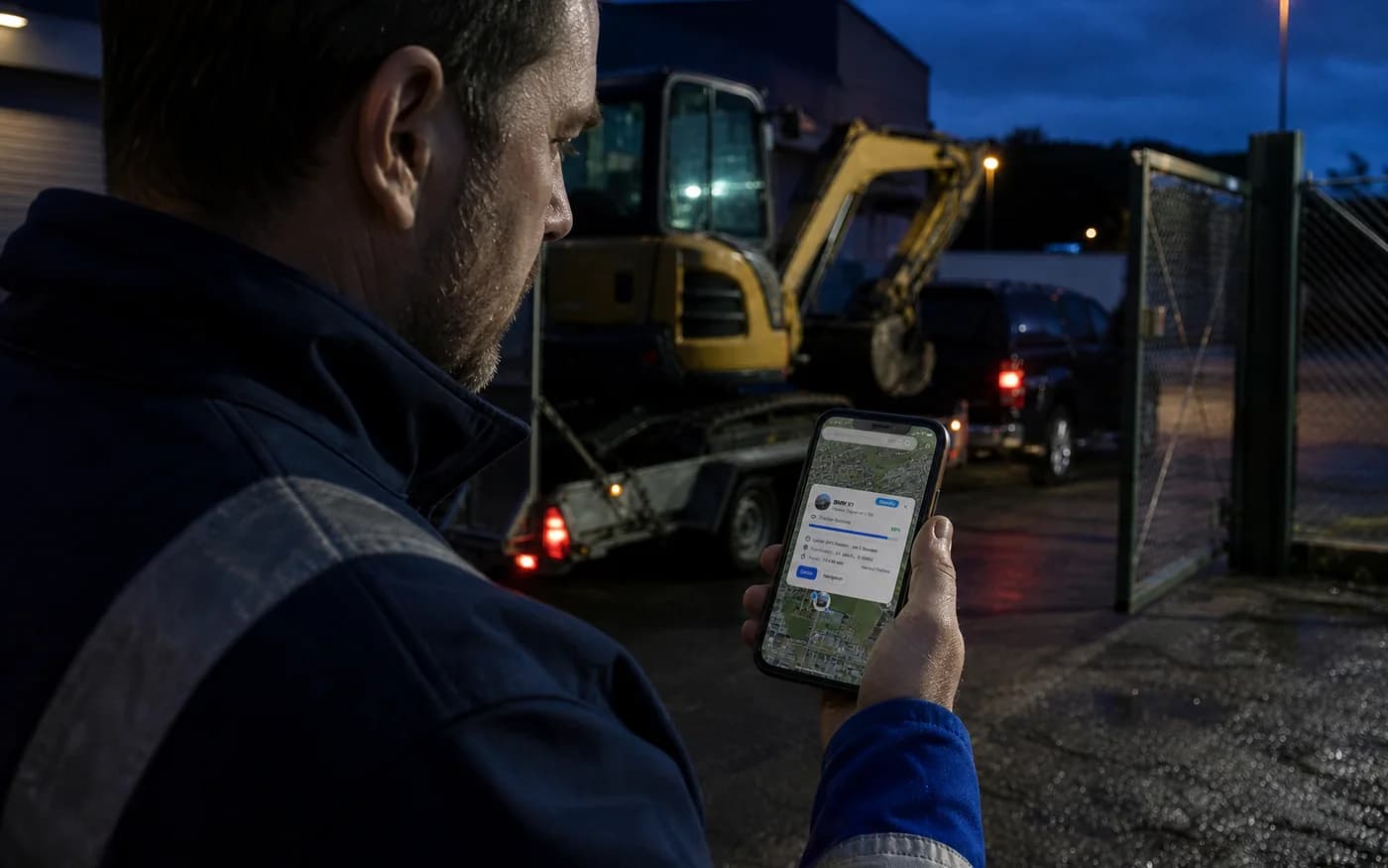 Bauleiter prüft einen Geofence-Alarm für eine Baumaschine auf einem Smartphone