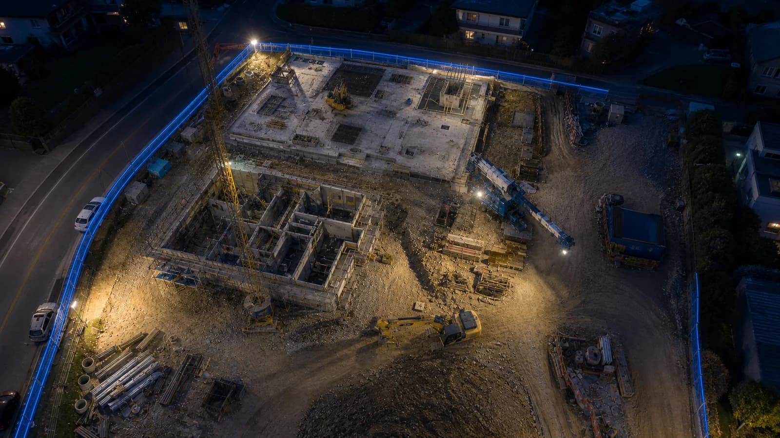 Abgestellter Bagger auf einer gesicherten Schweizer Baustelle bei Dämmerung