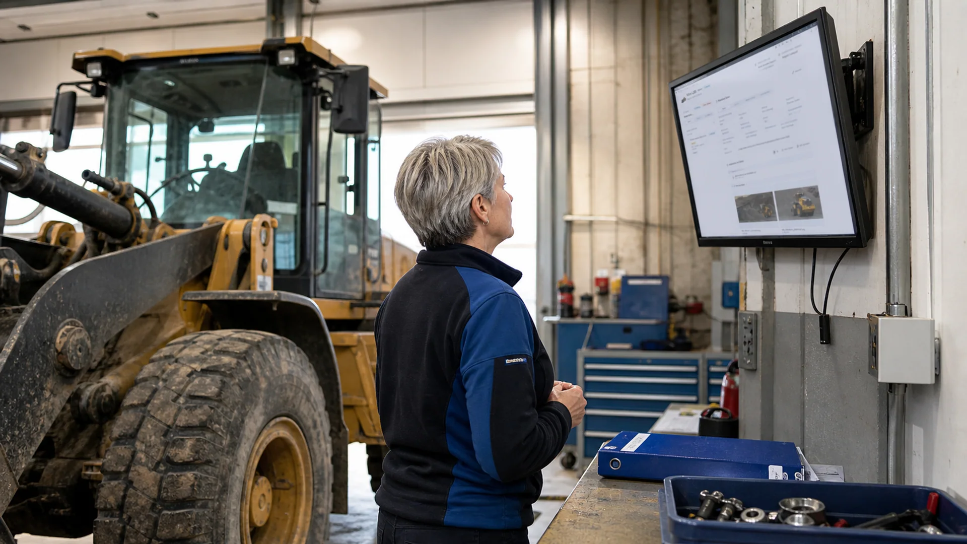 Servicetechniker prüft die digitale Maschinenakte eines Radladers