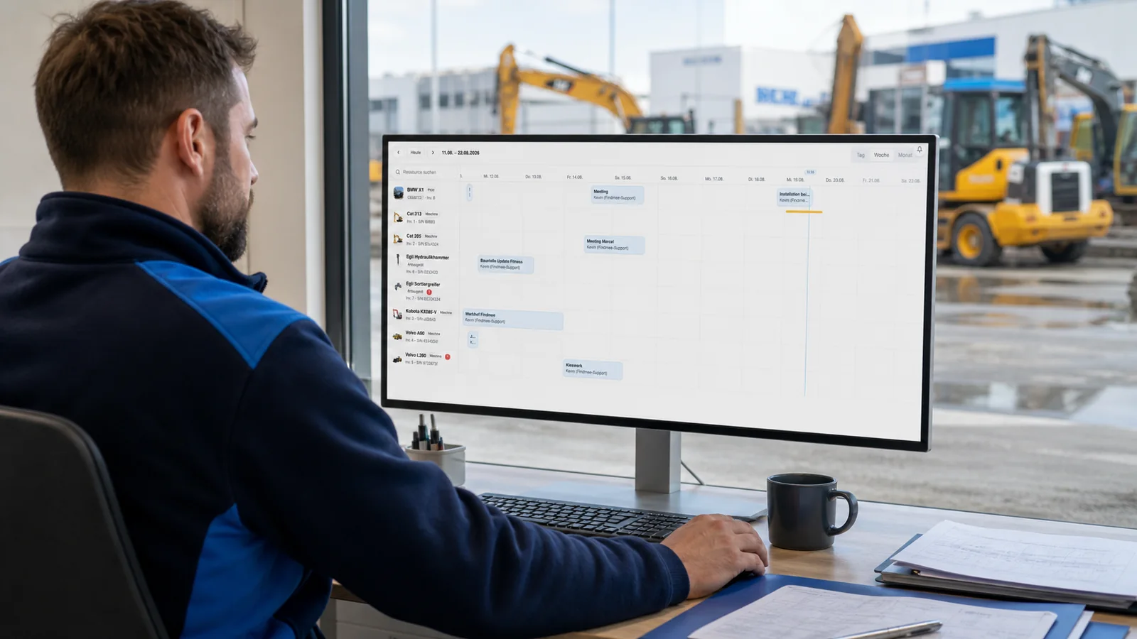 Disponent plant Baumaschinen und Baustellenressourcen auf einem grossen Bildschirm