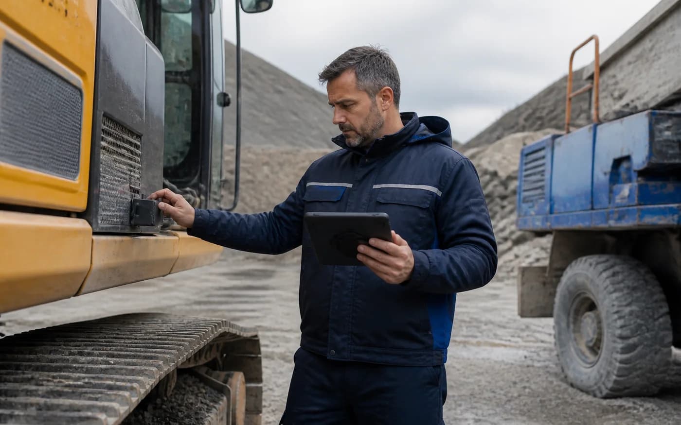 Bauleiter prüft herstellerübergreifende Maschinendaten auf einem Tablet