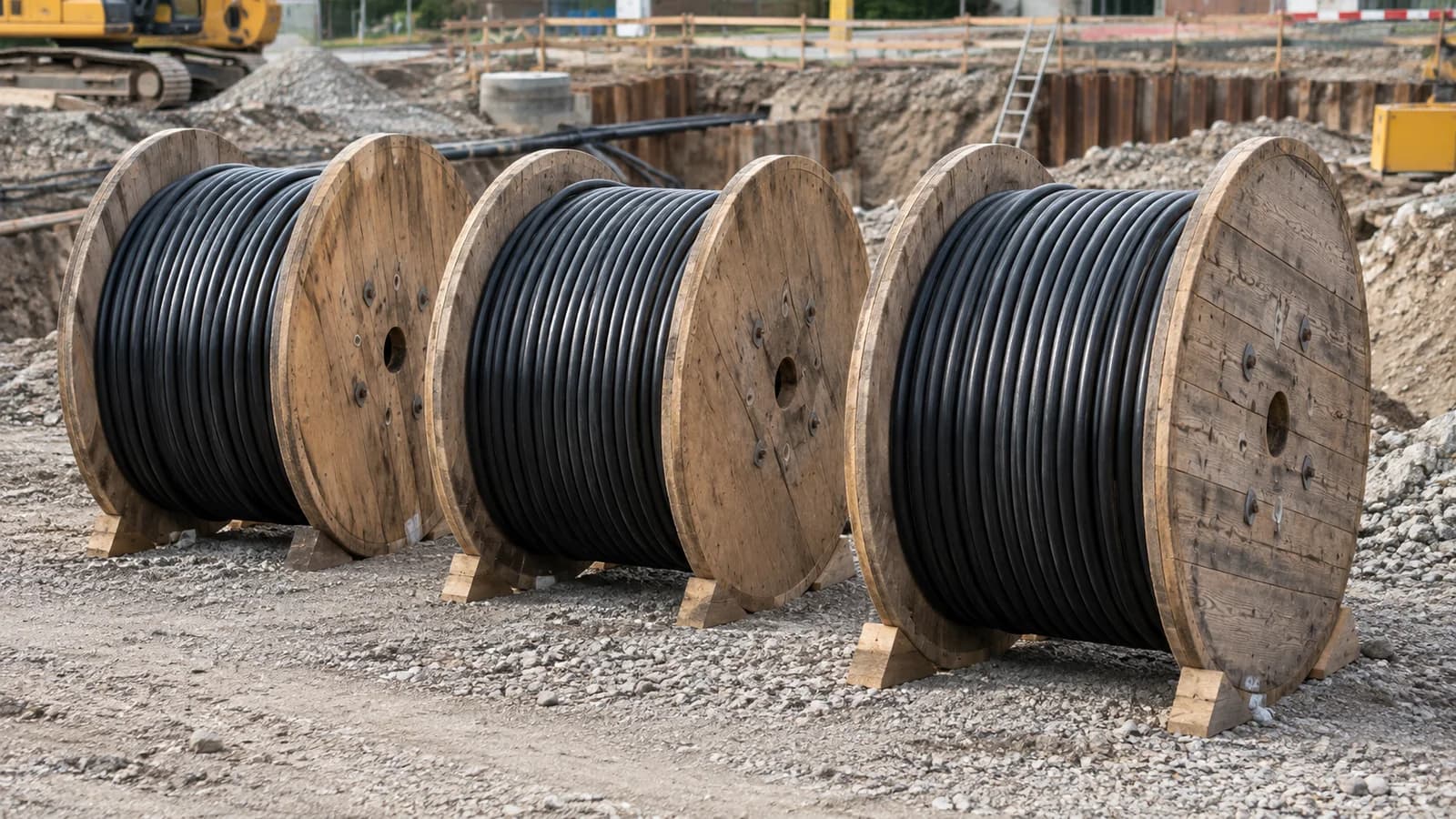 Grosse Kabelbobinen mit schwarzem Kabel auf einer Tiefbaustelle.