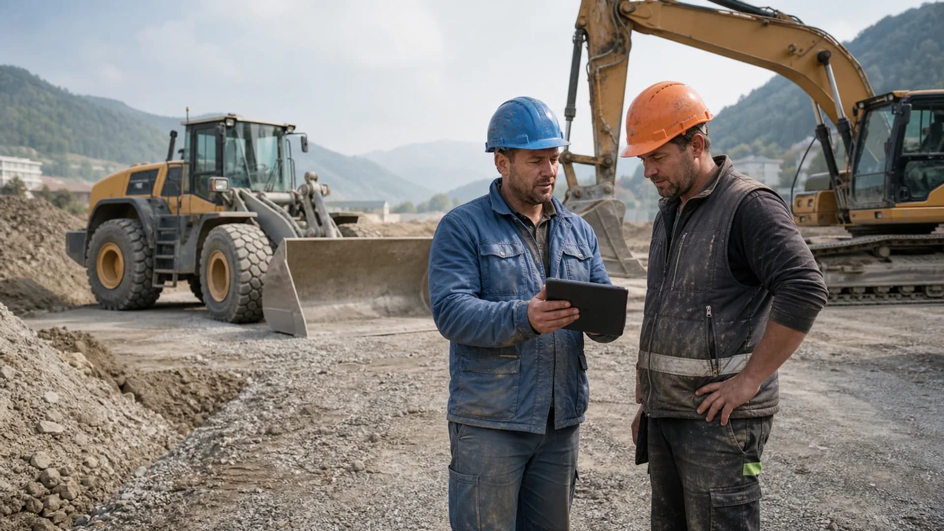 Bauführer analysiert Leerlaufzeiten von Baumaschinen auf einer Baustelle