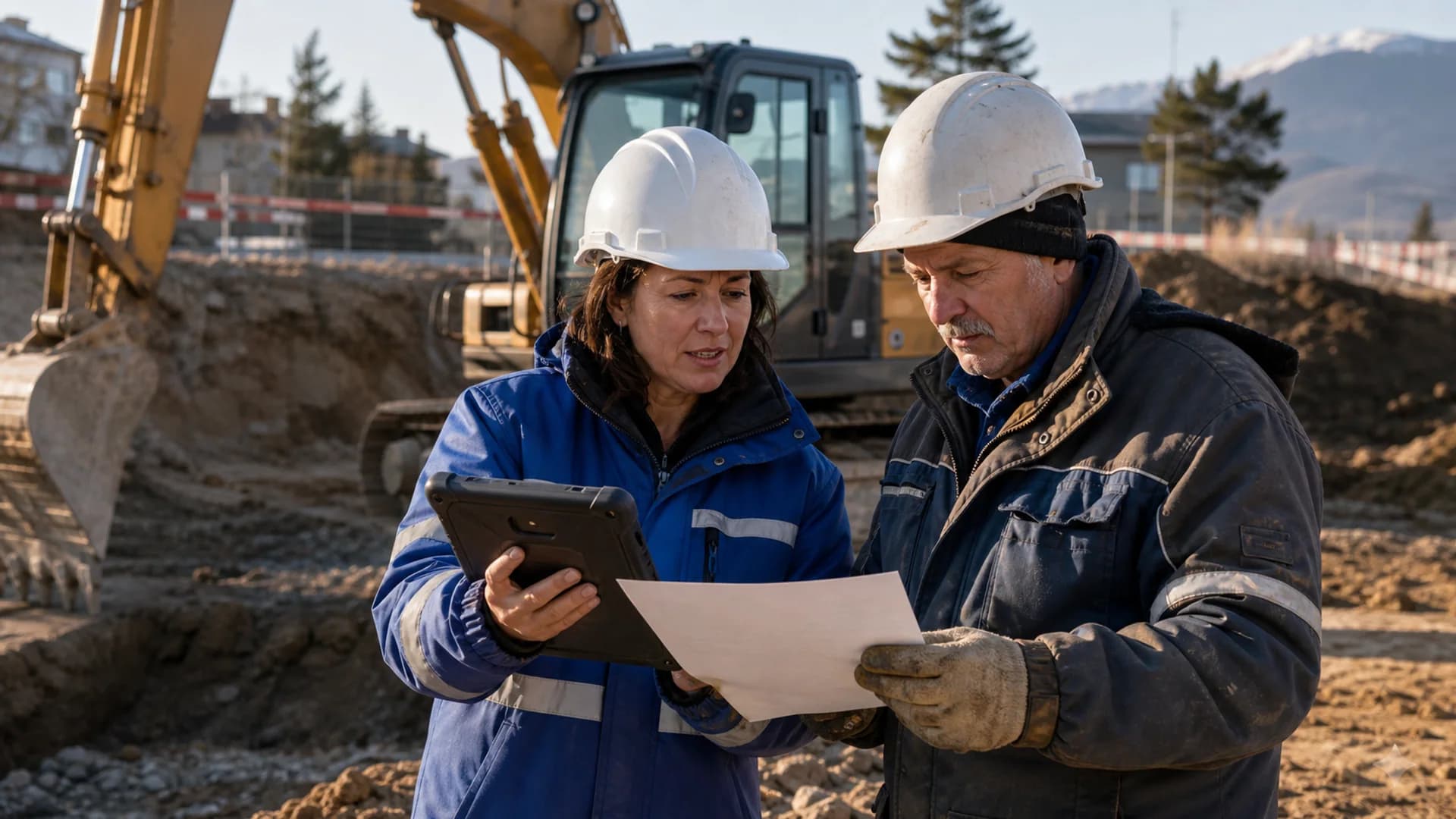 Bauführer prüft Maschinenzeiten und Projektkosten auf einer Baustelle