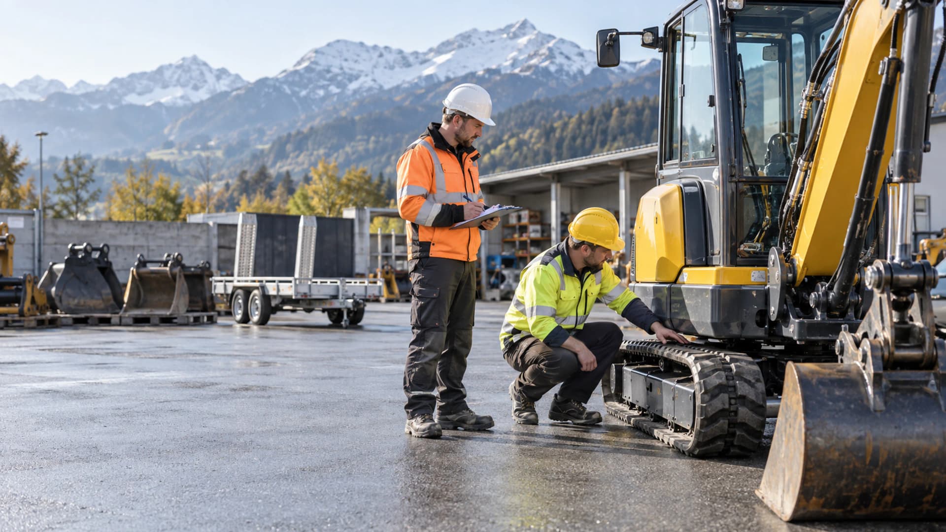 Zwei Mitarbeitende prüfen gemeinsam den Zustand einer Baumaschine bei der Übergabe