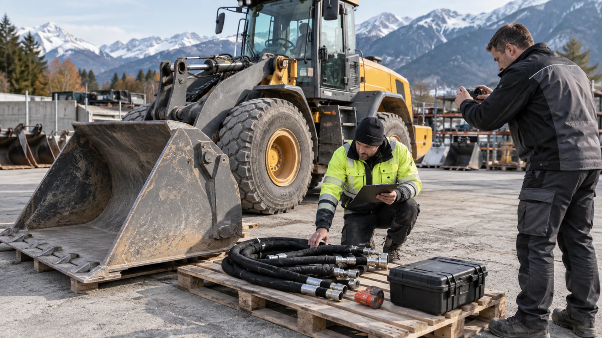 Mitarbeitende kontrollieren Zubehör und Zustand bei der Rücknahme einer Baumaschine