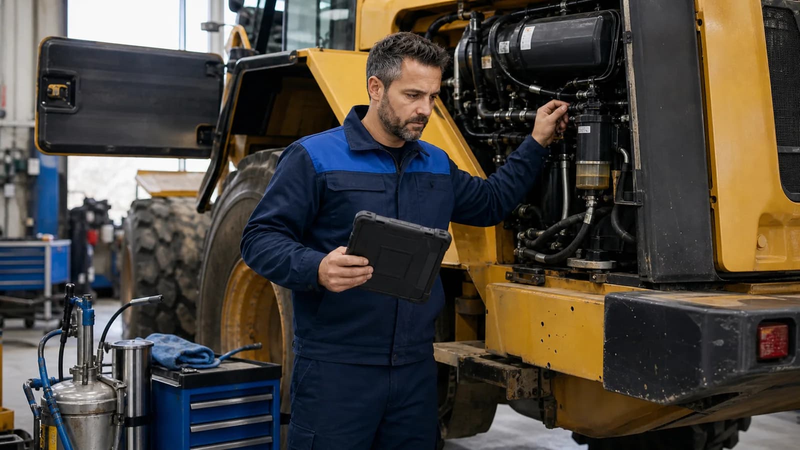 Servicetechniker prüft einen Radlader mit einem abgewandten Tablet