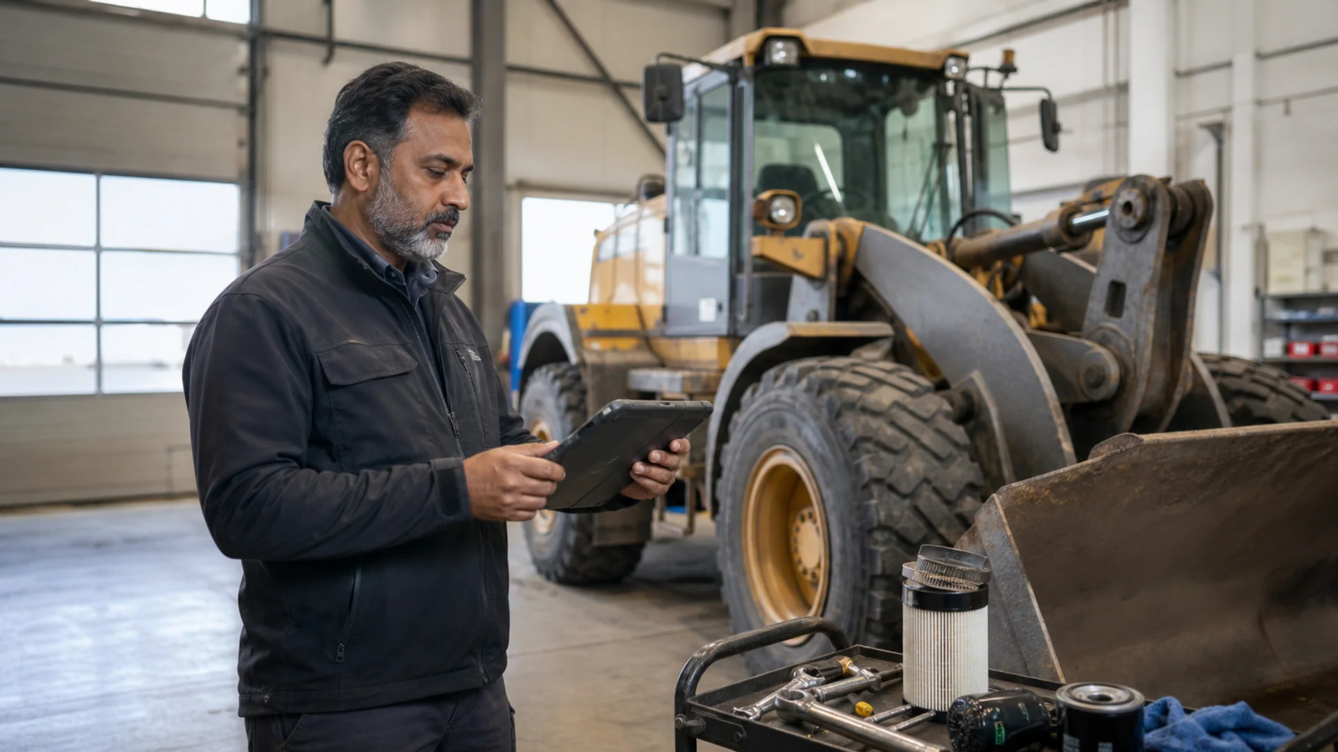 Werkstattleiter nutzt Wartungssoftware für Baumaschinen