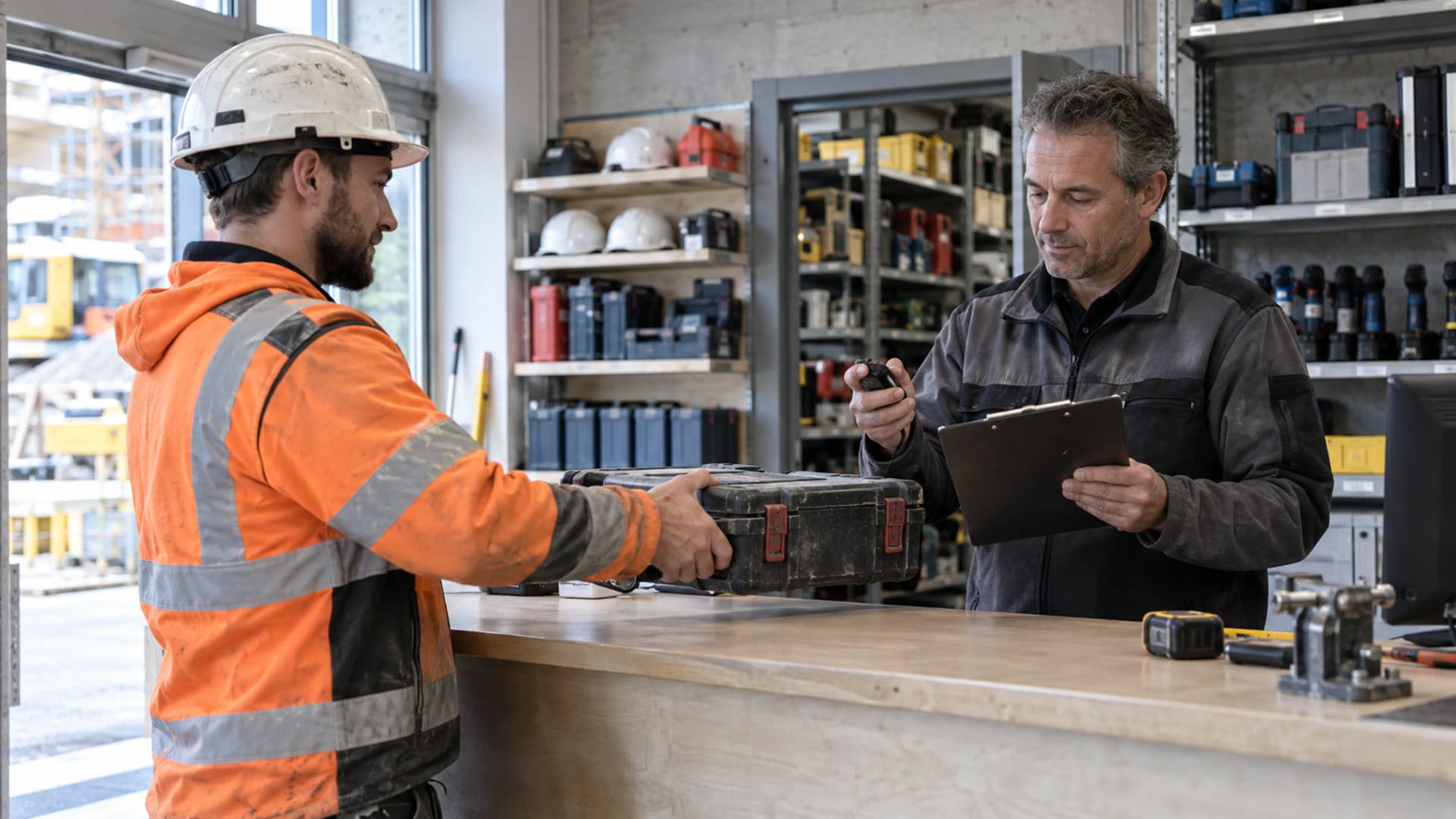 Mitarbeitende messen Ausgabe und Rücknahme eines Werkzeugkoffers in einem Pilotprojekt