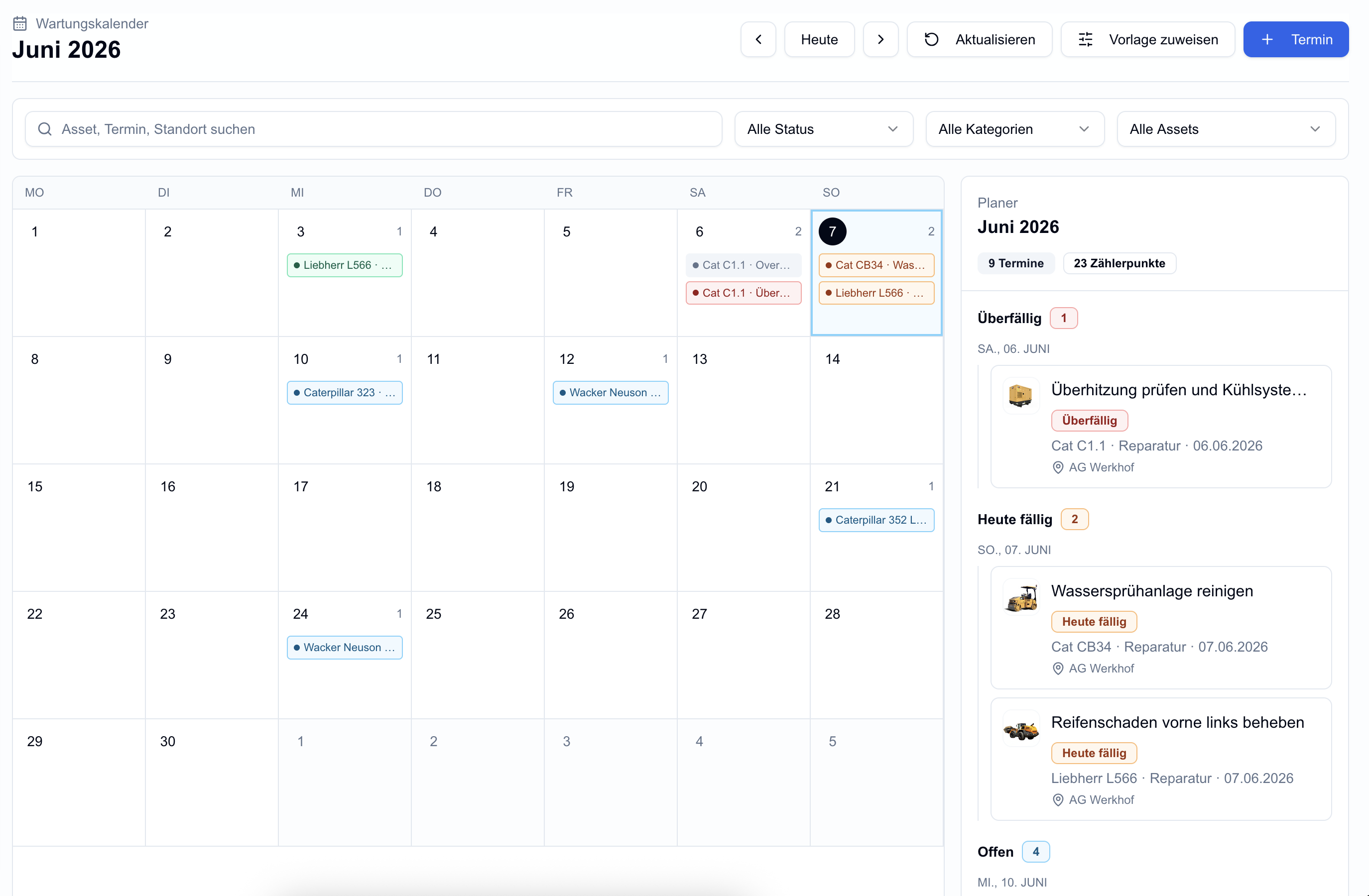 Findmee Wartungskalender mit geplanten, fälligen und überfälligen Serviceterminen