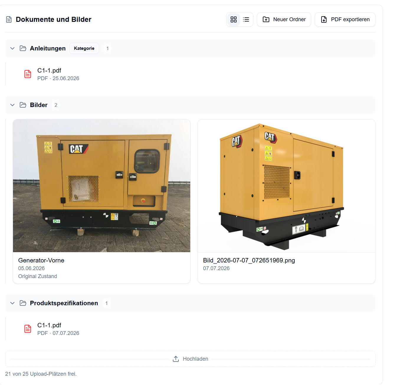 Dokumenten- und Bilderablage einer Maschine mit Ordnern und PDF-Dateien