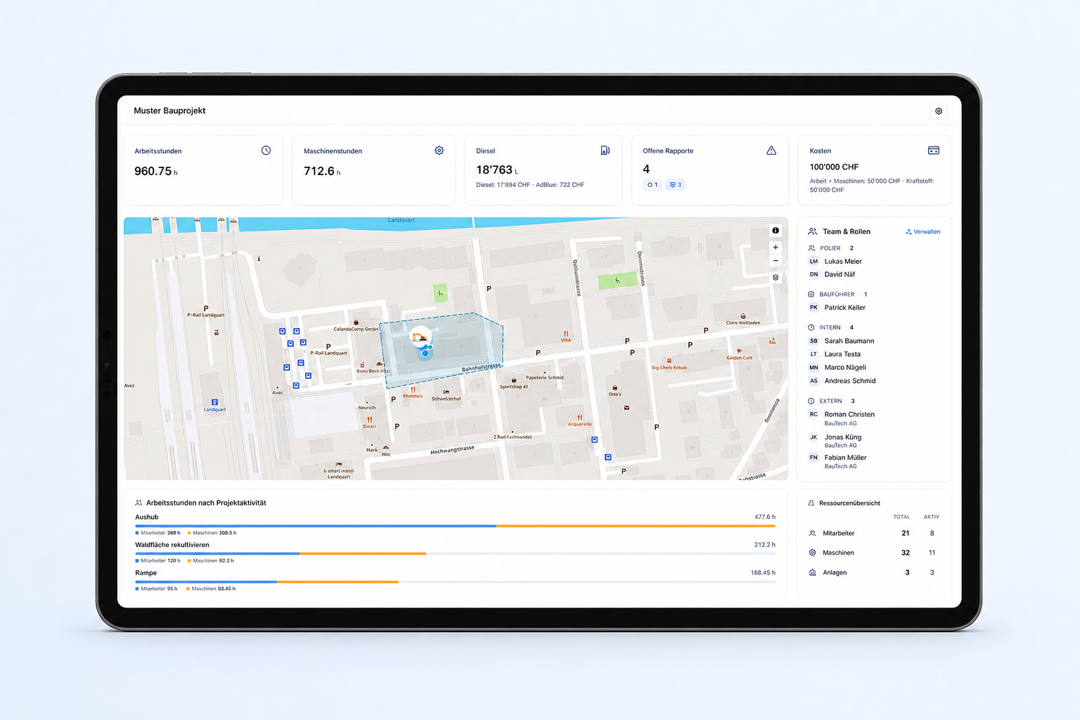 Findmee Rapportierungsmodul mit Projekt-, Maschinen- und Kostendaten auf einem Tablet