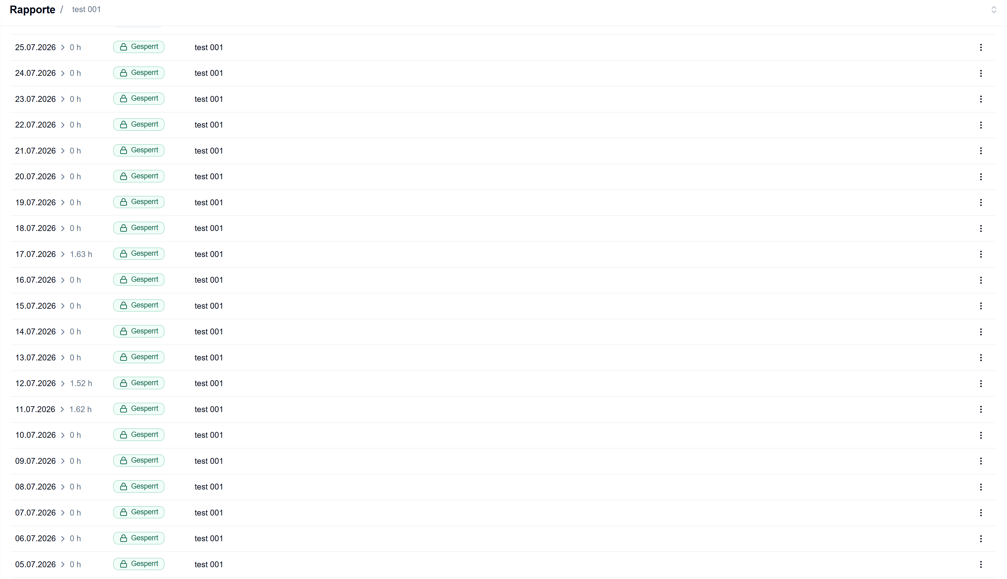 Findmee Rapportliste mit Datum, erfassten Stunden, Status und zugeordnetem Projekt